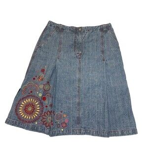 Oilily Denim Skirt Women's 40 US 12 Blue Floral Embroidery Pockets Red Stitching
